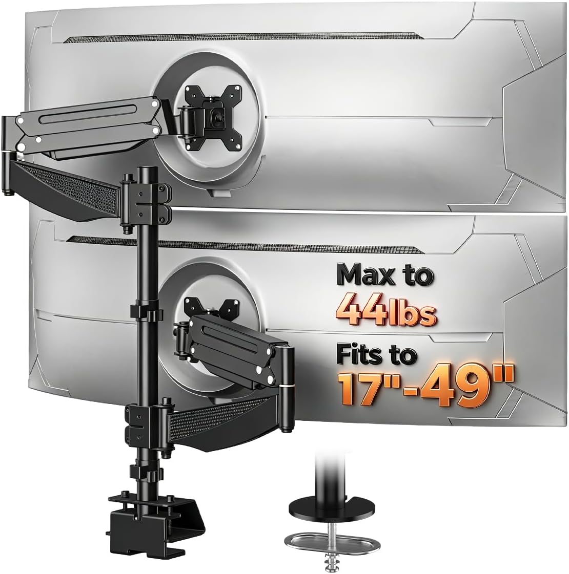 suptek Dual Monitor Arm Desk Mount for 17-49 Inch Ultrawide Monitors, Heavy Duty Dual Monitor Mount Holds 44 lbs, Full Motion Gas Spring Vertical Stacked Monitor Mount, 75/100 VESA Mount, Black