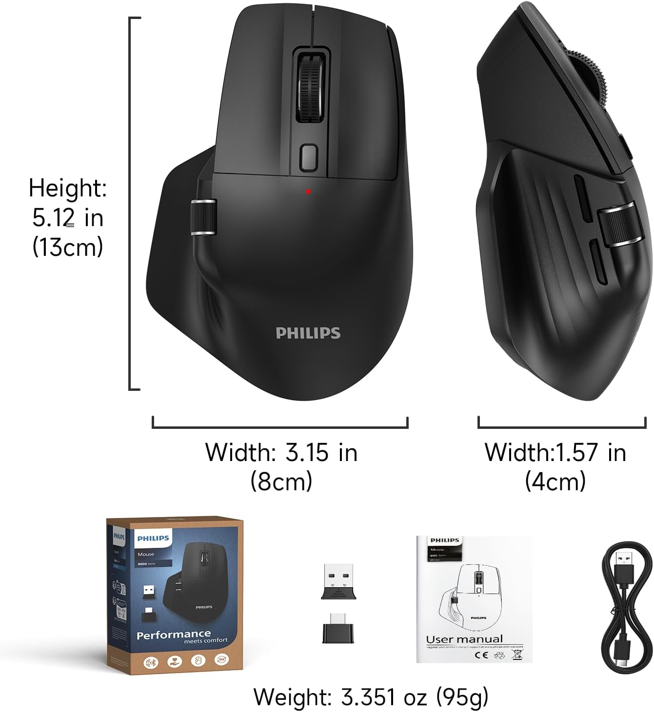 PHILIPS Ergonomic Wireless Mouse, Multi-Device Bluetooth (USB-A/C) for Laptop & Mac/PC, Silent Productivity Mouse with Side Scroll, 5-Level DPI Rechargeable Computer Mouse, Right-Handed Comfort