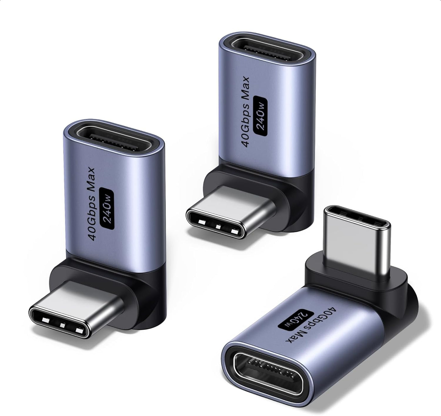 UGREEN 90 Degree USB C Adapter 3 Pack, Right Angle Male to Female Converter | 40Gbps, 240W, 8K 60Hz, Compatible for Steam Deck, ROG Ally, Switch 2, MacBook, iPhone 17/16, iPad, Thunderbolt 4, Quest 3