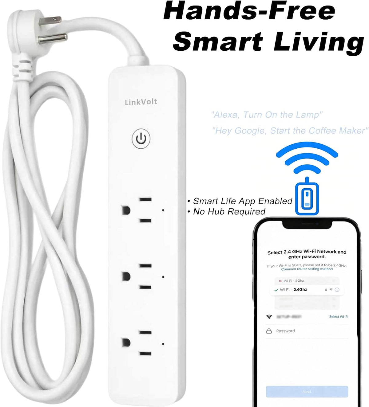 LINKVOLT Smart Power Strip WiFi Surge Protector Alexa Google Home Voice Control Outlet Extender for Home Office 3AC 15A 1875W 2.4GHz Voice Control