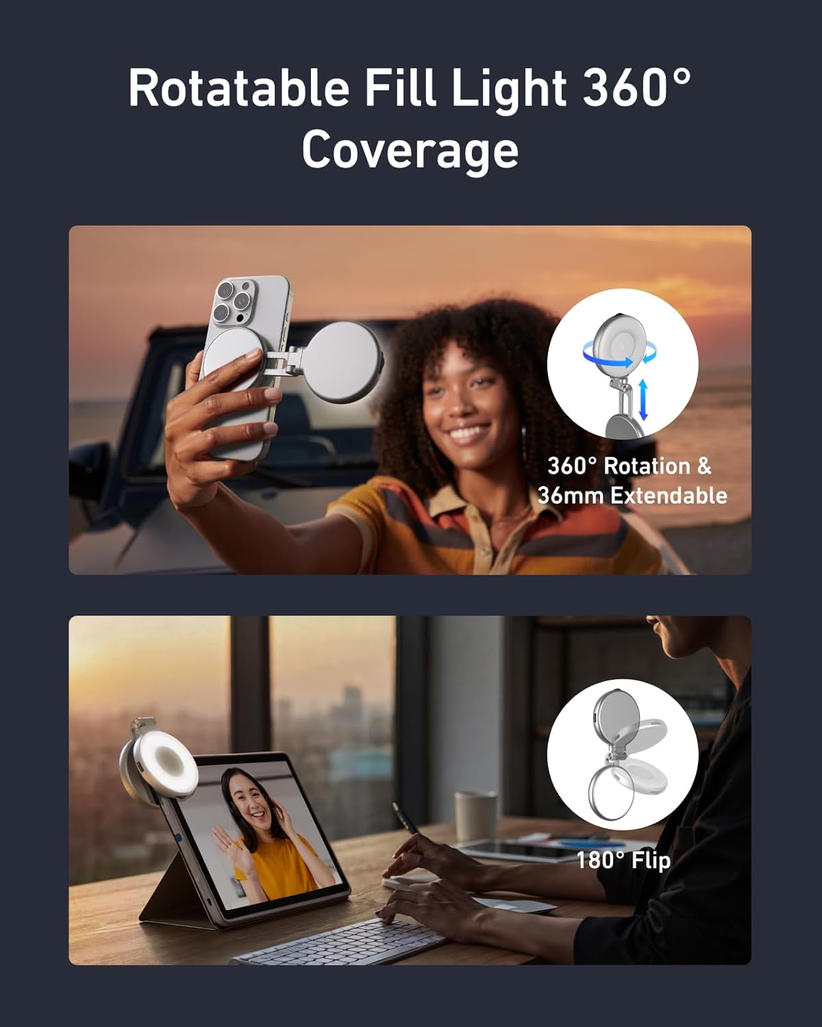 TELESIN C03 Magnetic Selfie Light, Phone Light for iPhone Magsafe | CRI97 360° LED Selfie Ring Fill Light with Mirror for Selfies/Photography/TikTok/Zoom Calls/Video Conference/YouTube