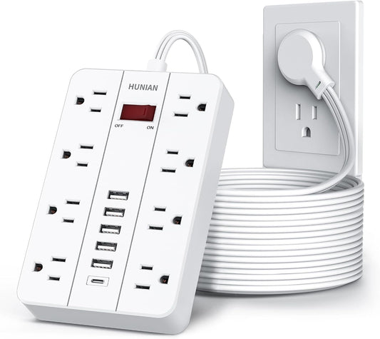 Flat Plug Power Strip, HUNIAN 15Ft Flat Extension Cord, White