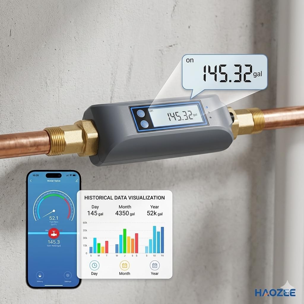 Haozee WiFi Smart Water Valve and Auto Shut-Off | Ultrasonic Flow Detection,Customizable High/Low Flow Alerts, With Wifi Water Sensor,For 3/4" Diameter DN20 Pipe
