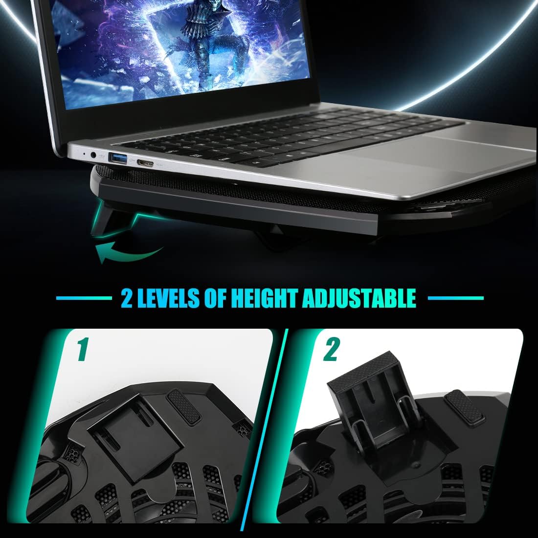 LIANGSTAR Laptop Cooling Pad, Gaming Laptop Cooler with 2 Quiet Big Fans, RGB 7 Color Light Change, Portable USB Laptop Stand 11 to 15.6 Inch, Slim and Easy Carry Working Study Outdoor Travel