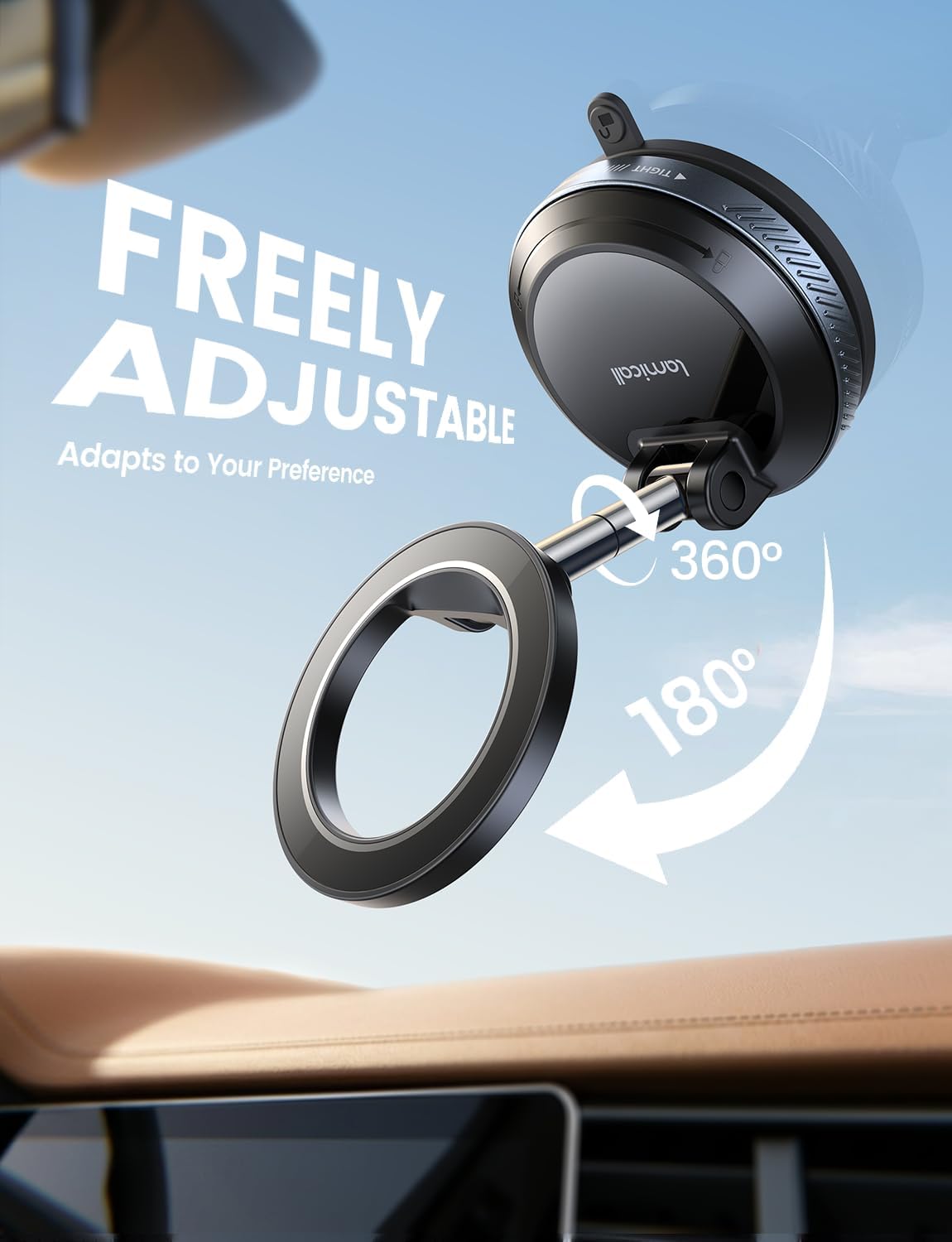 Lamicall Car Phone Holder for Magsafe Dashboard Windshield Nano Gel Vacuum | 20X Magnetic Phone Holders for Your Car 360° Suction Cup Phone Mount for iPhone 17 16 15 14 13 12 Pro Max Gift Truck Black