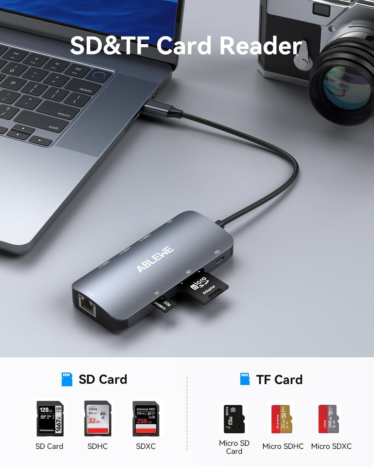ABLEWE USB C Hub Ethernet 8-in-1, Multiport USB C to HDMI Hub, 4K@60Hz,1000Mbps, 100W PD, 3 USB 3.0 Ports, Docking Station Compatible with MacBook Pro/Air, Tablet, Phone, Type C Devices