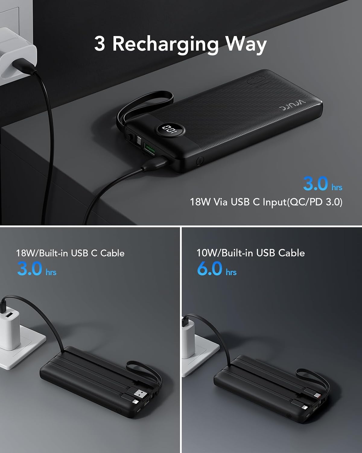 VRURC Portable Charger, 20W PD Fast Charging Power Bank Built in 4 Cables | 10000mAh Compact Portable Phone Charger, 5 Outpputs USB C Battery Pack for iPhone, Samsung & Multi Devices-Black(1 Pack)