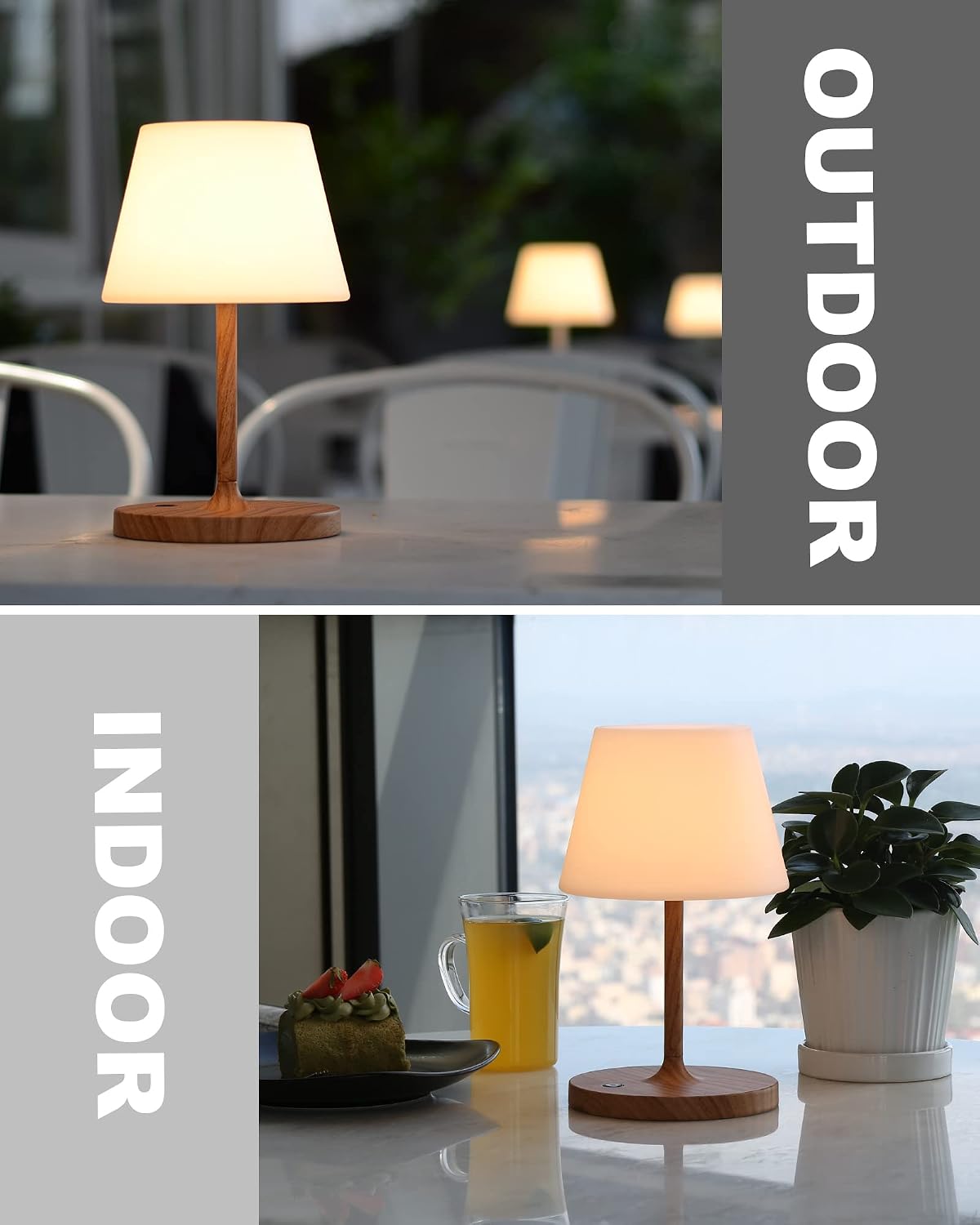 WEILAILUX Outdoor Battery Operated Table Lamp Waterproof, 4000mAh Cordless Table Lamp Rechargeable, Touch Dimmable Desk Lamp, LED Night Light for Patio Camping Restaurant Home (Wood Grain, 9.6in)