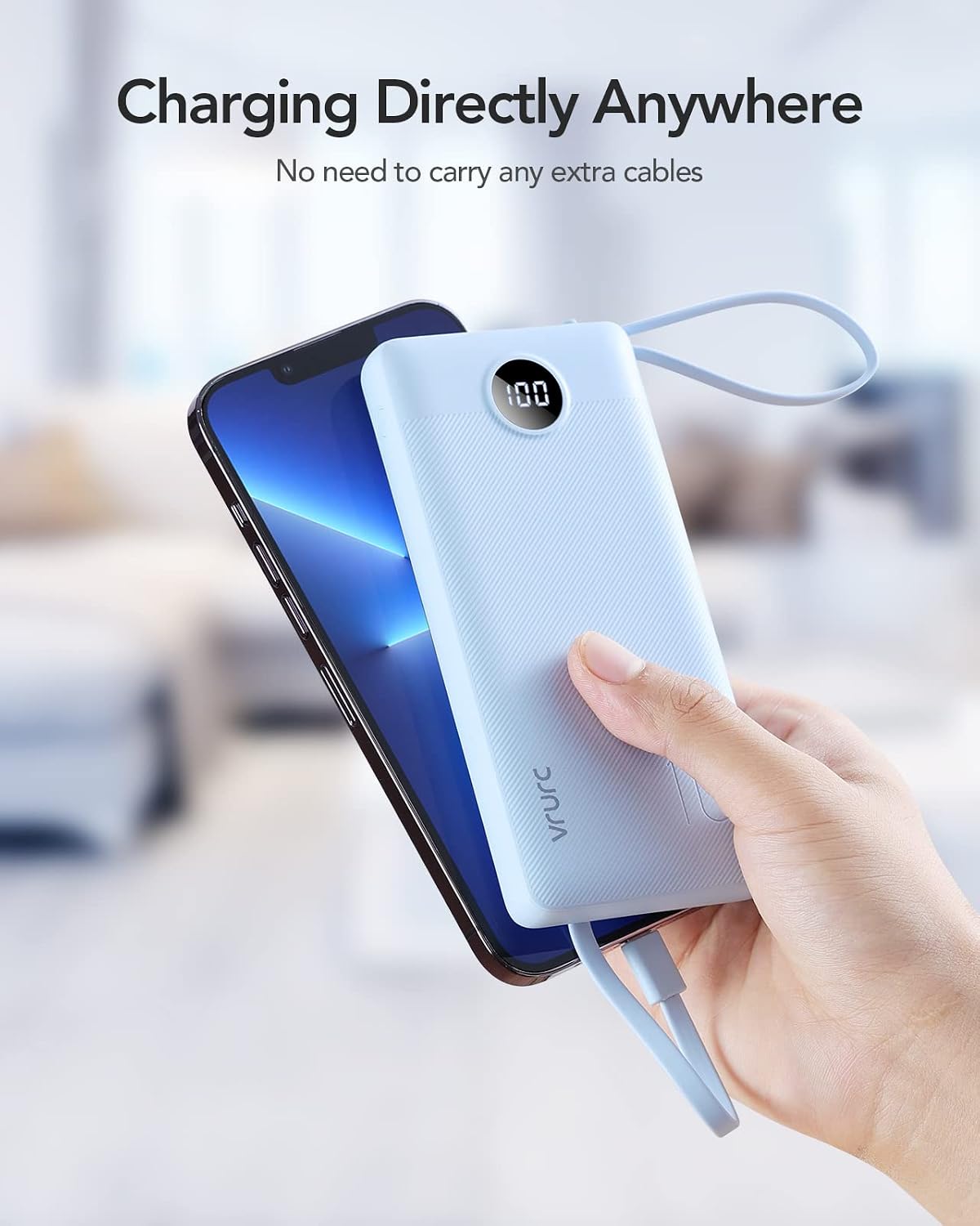 VRURC Portable Charger for iPhone, Built in 4 Cables Power Bank 10000mAh | Compact USB C Charging Bank 5 Outputs for Multi Devices,Travel Essential for Hiking Camping Business Cruise Ship-Blue