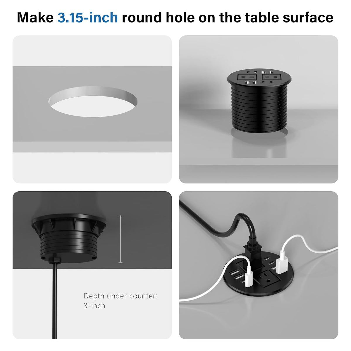 Jgstkcity 3.15 inch Desktop Power Grommet,40W USB Recessed Outlet