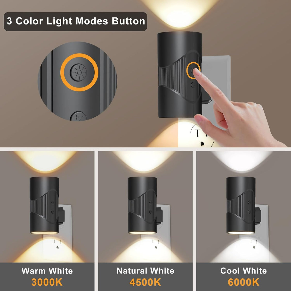 easuntec Night Lights Plug into Wall, Plug in Night Light, Night Light, Dusk to Dawn Light Sensor, 3 Light Modes, Dimmable Night Lights for Bedroom Bathroom Hallway Kitchen Stairs (Black, 2 Pack)