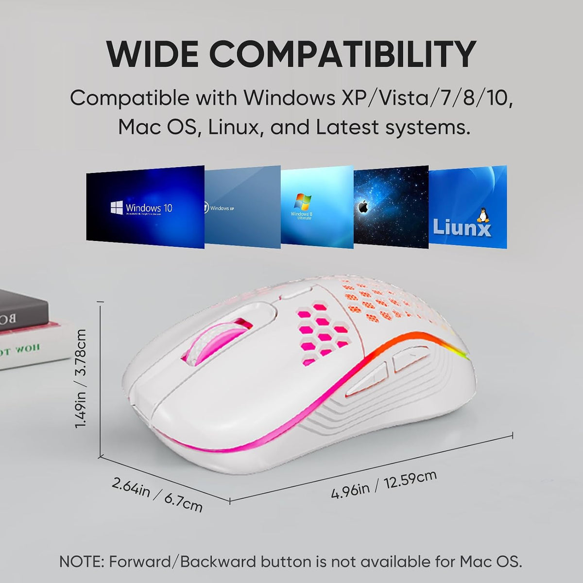 MELOGAGA Wireless Gaming Mouse RGB Rechargeable Lightweight Honeycomb White | 7-Color LED Light, 4 DPI Levels, USB-C Recharge & Stable 2.4G Wireless for PC Mac Laptop Desktop Computers