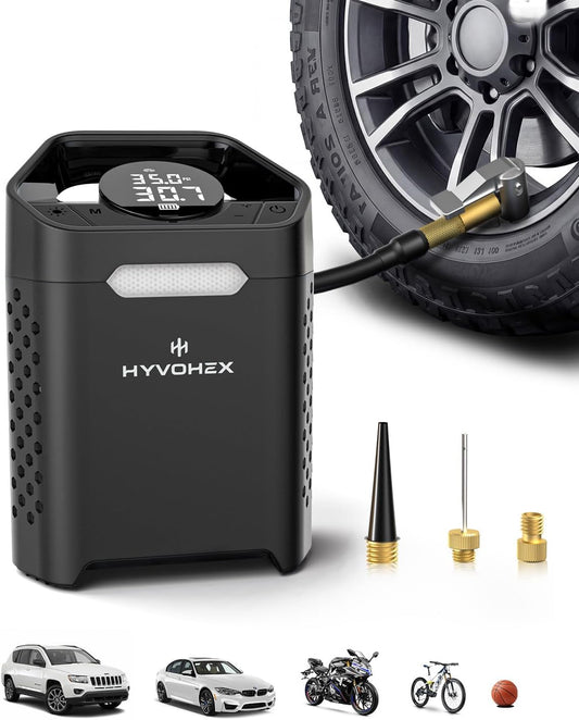 HYVOHEX Portable Air Compressor,160 PSI Cordless Tire Inflator Pump(Black) | Fast 1-Min Inflation with Digital Gauge and LED Light, Compatible with Car, SUV, Bike and Inflatable Balls