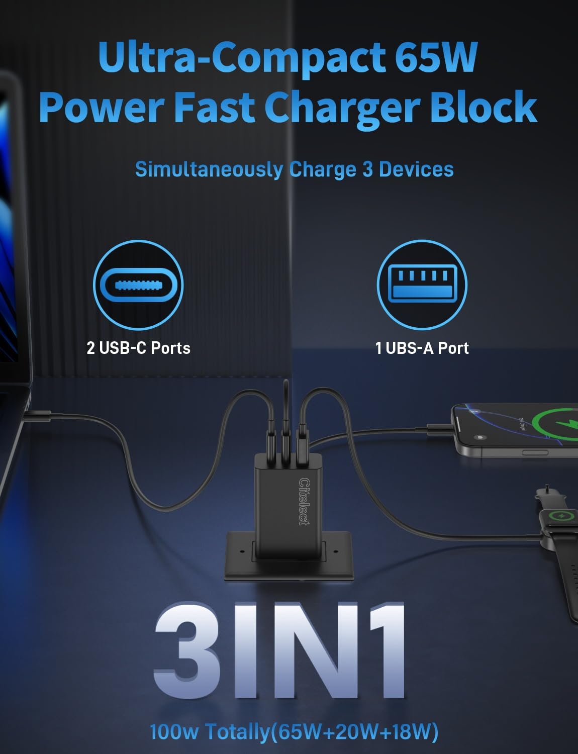65W USB C Charger Block, 3Port Super Fast Charging Adapter for Samsung S26 | GaN Type-C Charging Block PD/QC 3.0 for Samsung S26/S25/S24, MacBook Pro/Air,iPad, iPhone 17/16 - 2Port USBC + 1Port USB A