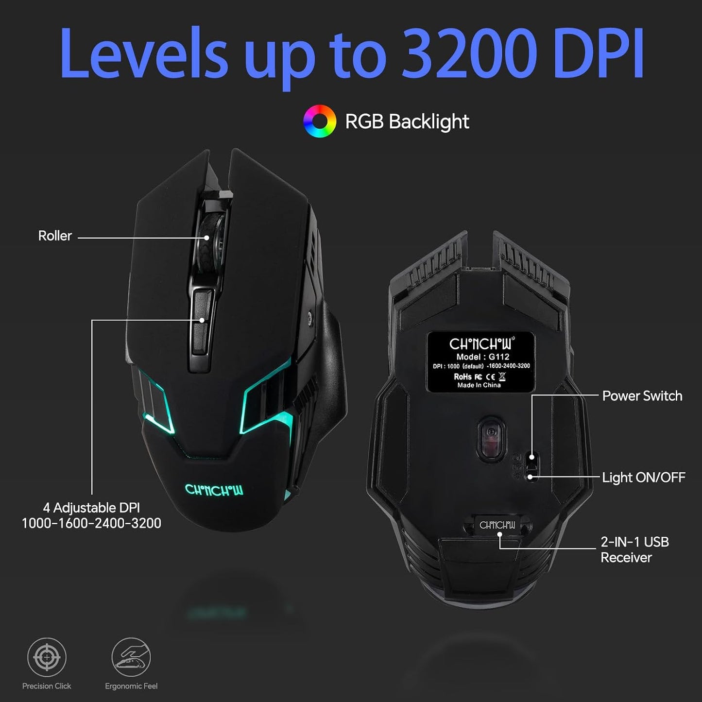 CHONCHOW USB Wireless Gaming Keyboard and Mouse Combo, RGB Backlit, 2.4GHz | LED Ergonomic Mechanical Feeling Keyboard, Rechargeable 2500mAh Battery, Anti-ghosting Keyboards 7D 3600DPI Mice for PC Gamer