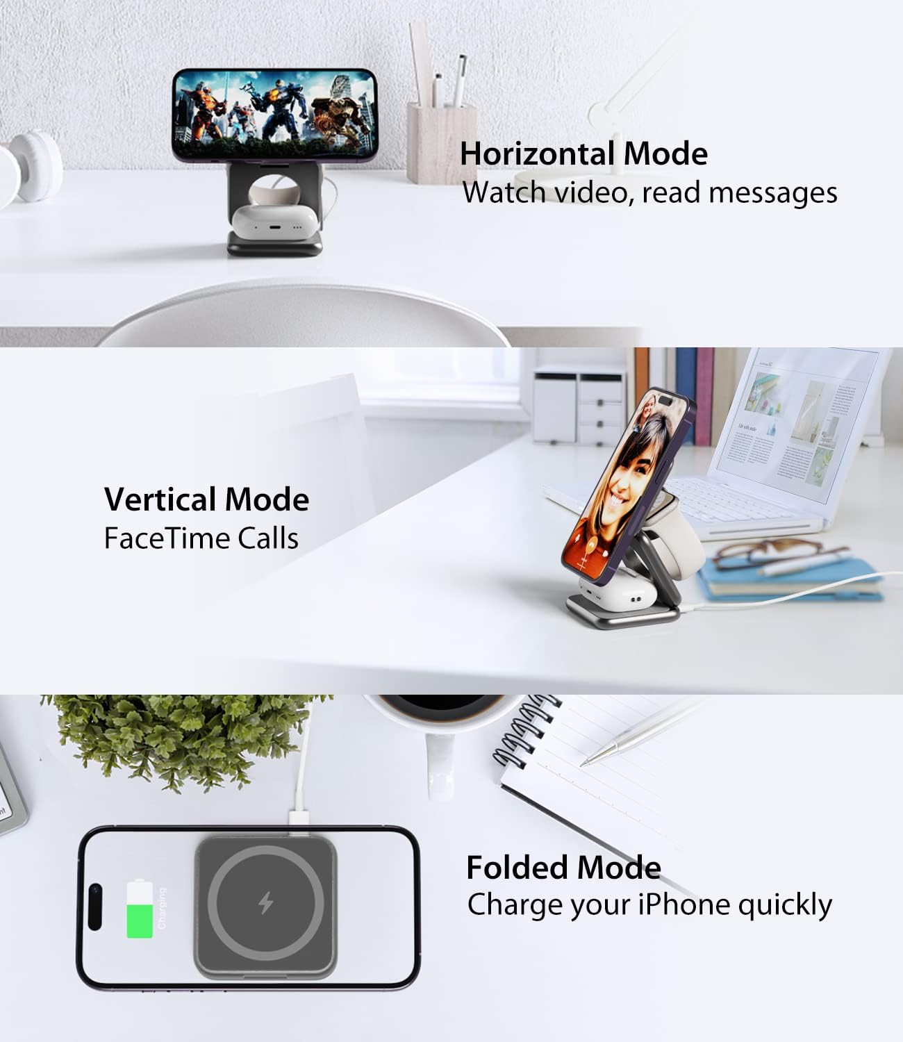 KU XIU Foldable 3-in-1 Magnetic Wireless Charging Station for Apple Devices | Aluminum Alloy Compact Design, Foldable Travel Charger Stand with 20W Adapter for iPhone 17-12, 5W for Apple Watch & AirPods
