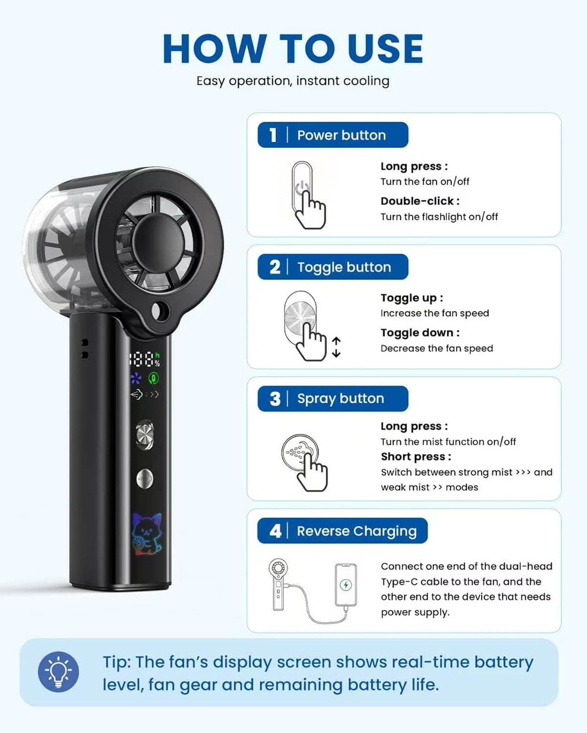 Portable Misting Fan with Mist, 3-in-1 Rechargeable Handheld 4000mAh | Adjustable mist mode, 100-speed wind control, LED display, power bank function, 30000RPM, compact & lightweight