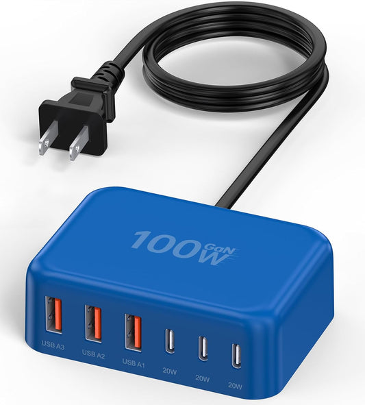 100W 6 in 1 USB Charger, 50% Smaller Charging Station for Multiple Devices