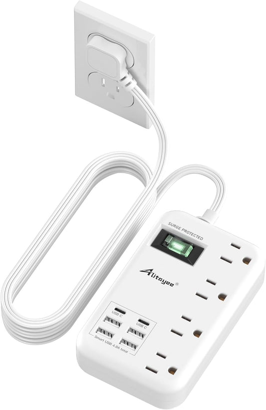 Alitayee 6 USB(2 USB C) Surge Protector Power Strip,4 AC Outlets, 6Ft Cord