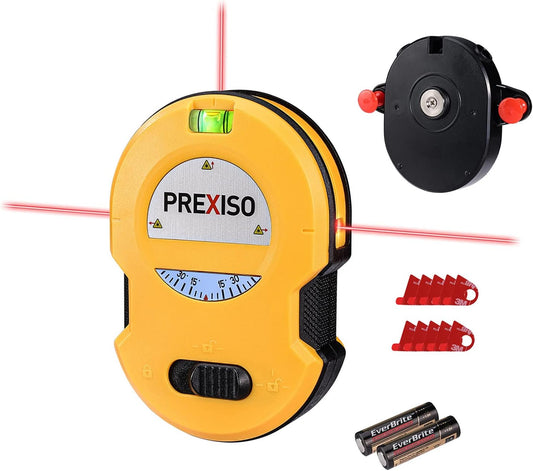 PREXISO Multi Surface Laser Level LED Light Vial, 30Ft Cross Line Laser | Clear Horizontal & Vertical Lines, Wall Mount, 2 Pins, 10 Sticker, 2 AA Batteries for Hanging Frames & Picture, Wall Marking