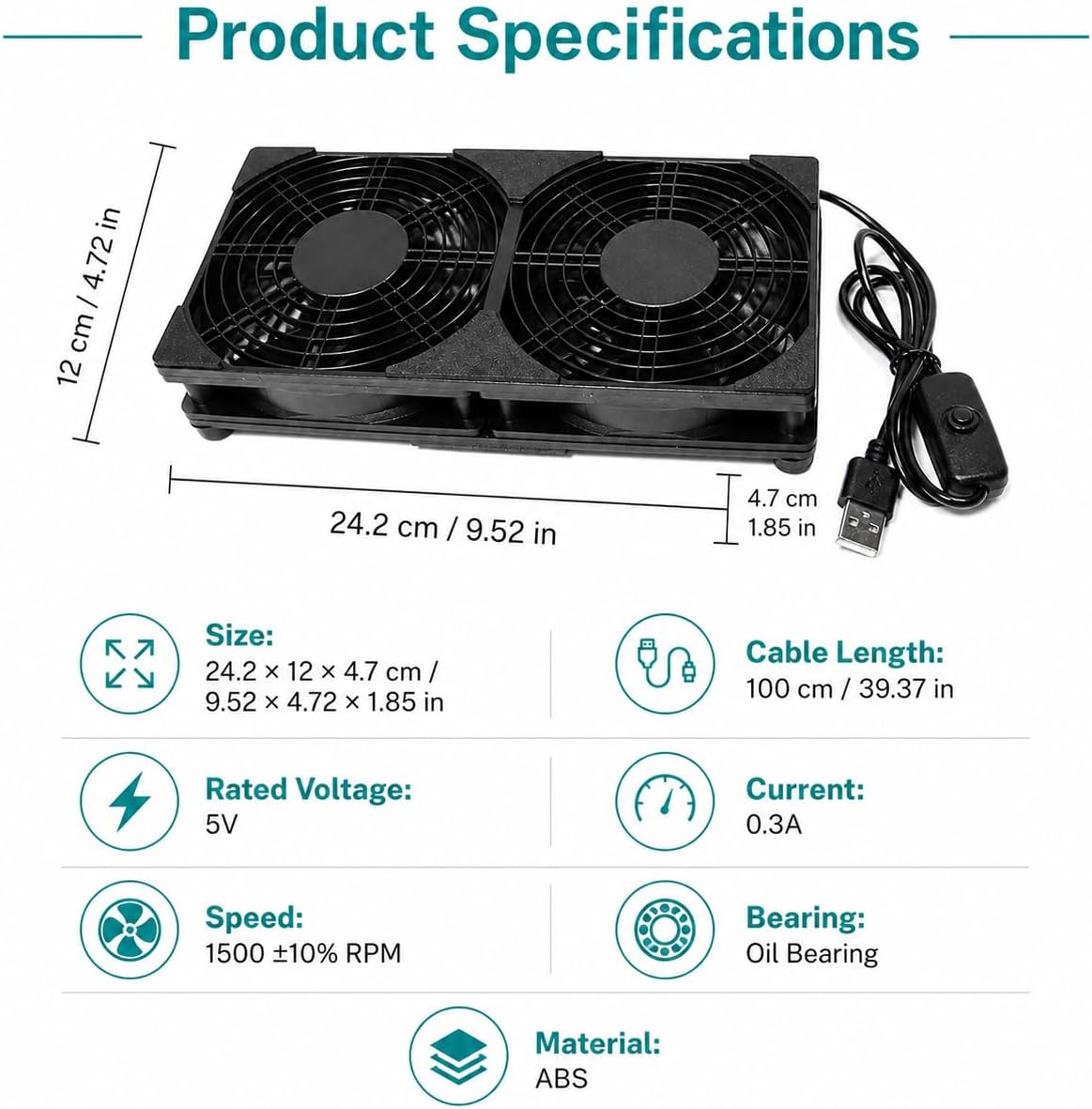 240mm Dual USB Cooling Fan, 2 x 120mm 5V USB Powered Cooling Fans with Inline On/Off Switch, Quiet Fan for Router, TV Box, Receiver, DVR, Laptop, AV Cabinet and Electronics