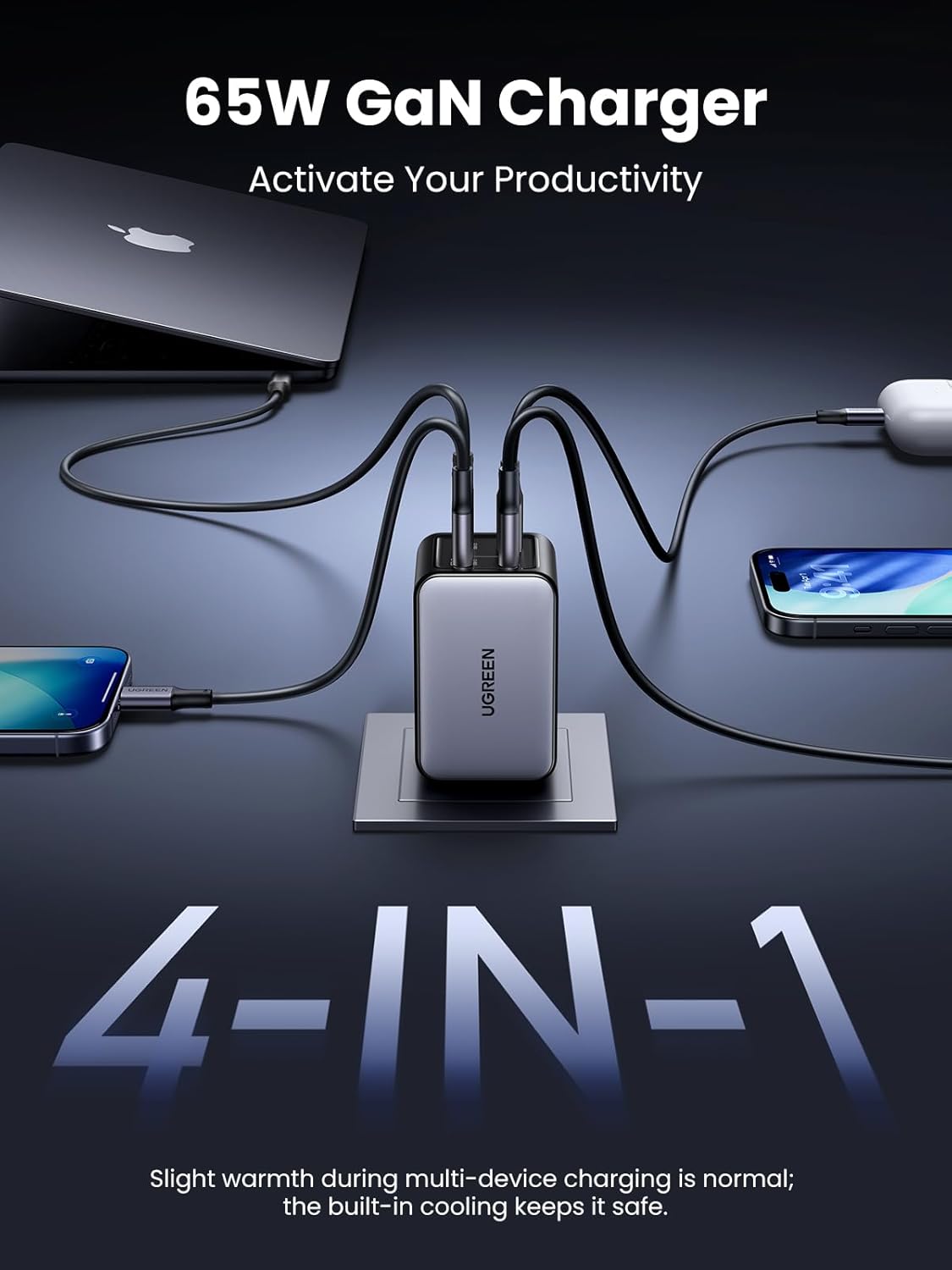 UGREEN Nexode 65W Wall Charger, 4-Port, GaN Fast Charging Block | 3 USB C & 1 USB A, Foldable Plug, Travel Essentials, for MacBook Pro/Air/Neo, iPhone 17/16, Galaxy S26/S25, iPad, Steam Deck