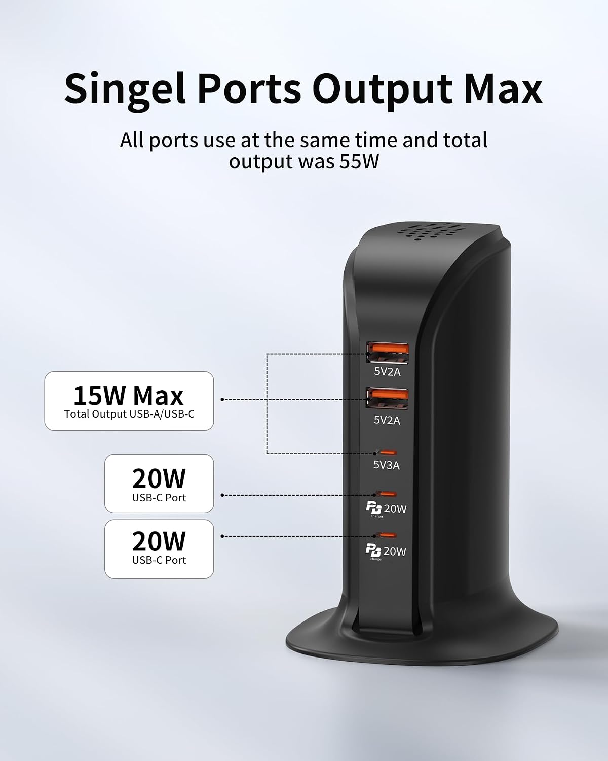 Charging Station for Multiple Devices: 5 USB Ports Wall Charger Block with Extension Cord, PD 20W Fast Charging Hub Charger Tower for iPhone iPad Tablets Smartphones, Home Office Use (Black)