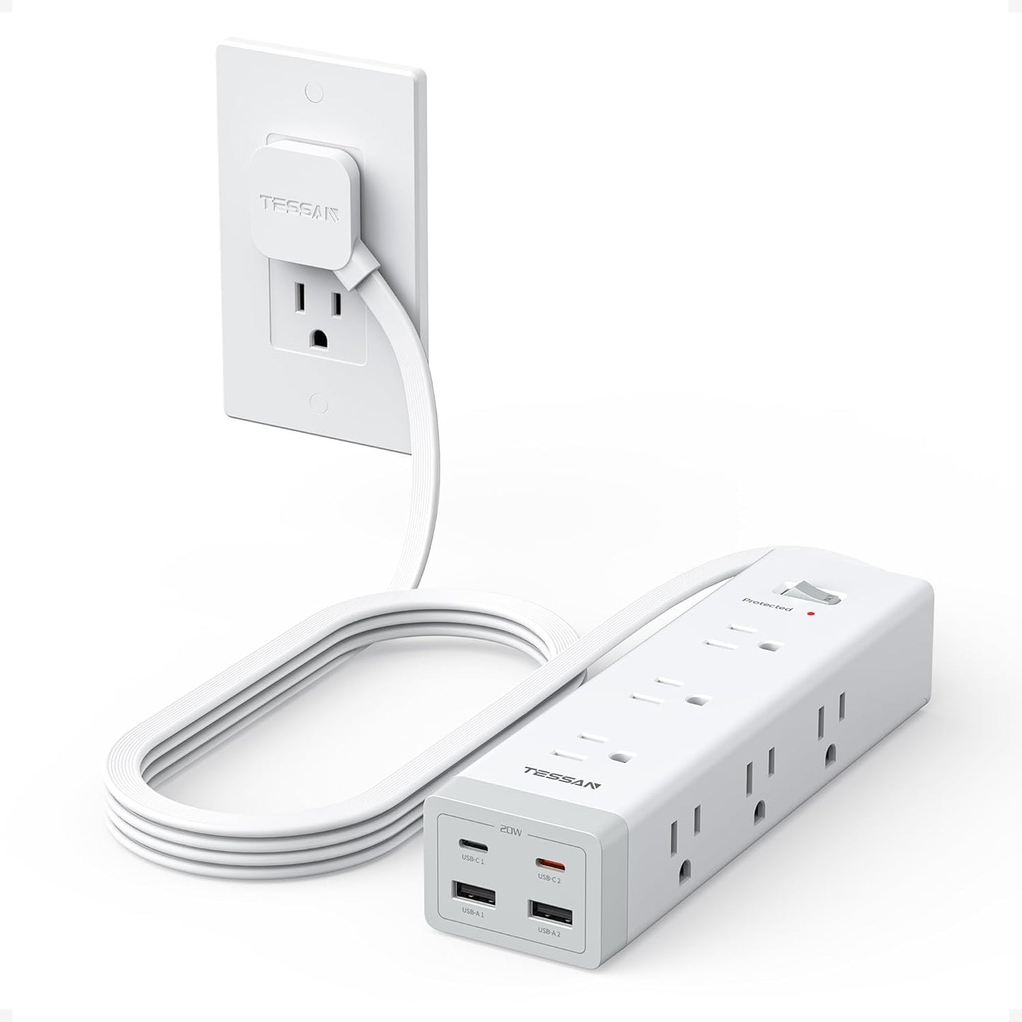 TESSAN Surge Protector Power Strip with 1050J Protection, 6 Ft, Grey | 9 Outlets with 4 USB (2 USB C), Flat Plug Extension Cord, 20W Multiple Charging Station for Home, Office, College Dorm Room