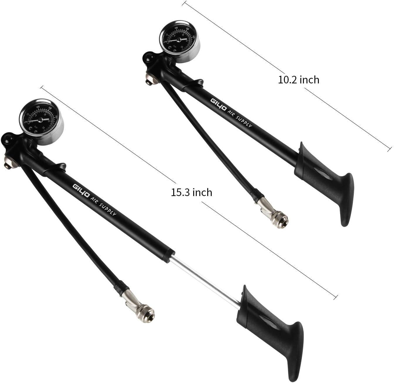 Giyo High Pressure Shock Pump, (300 PSI Max) for Fork & Rear Suspension, Lever Lock on Nozzle No Air Loss (Black)