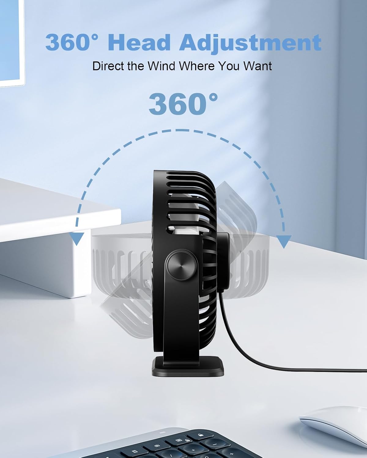 TriPole Small Desk Fan USB Powered 2 Pack Black, Portable Quiet Mini Fan | 3 Speeds, 360°Rotation, Desk Fans Small Quiet, 4.9ft Cable, Strong Breeze for Desktop Bedroom Office Table Travel