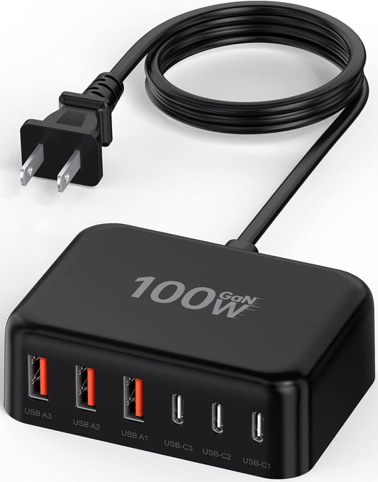 6 in 1 USB Charger, 50% Smaller Charging Station for Multiple Devices, 100W Fast Charging Blocks with Type C Ports, USB Charging Hub Organizer Multiport Power Strip for iPhone, Ipad, Kindle, Travel