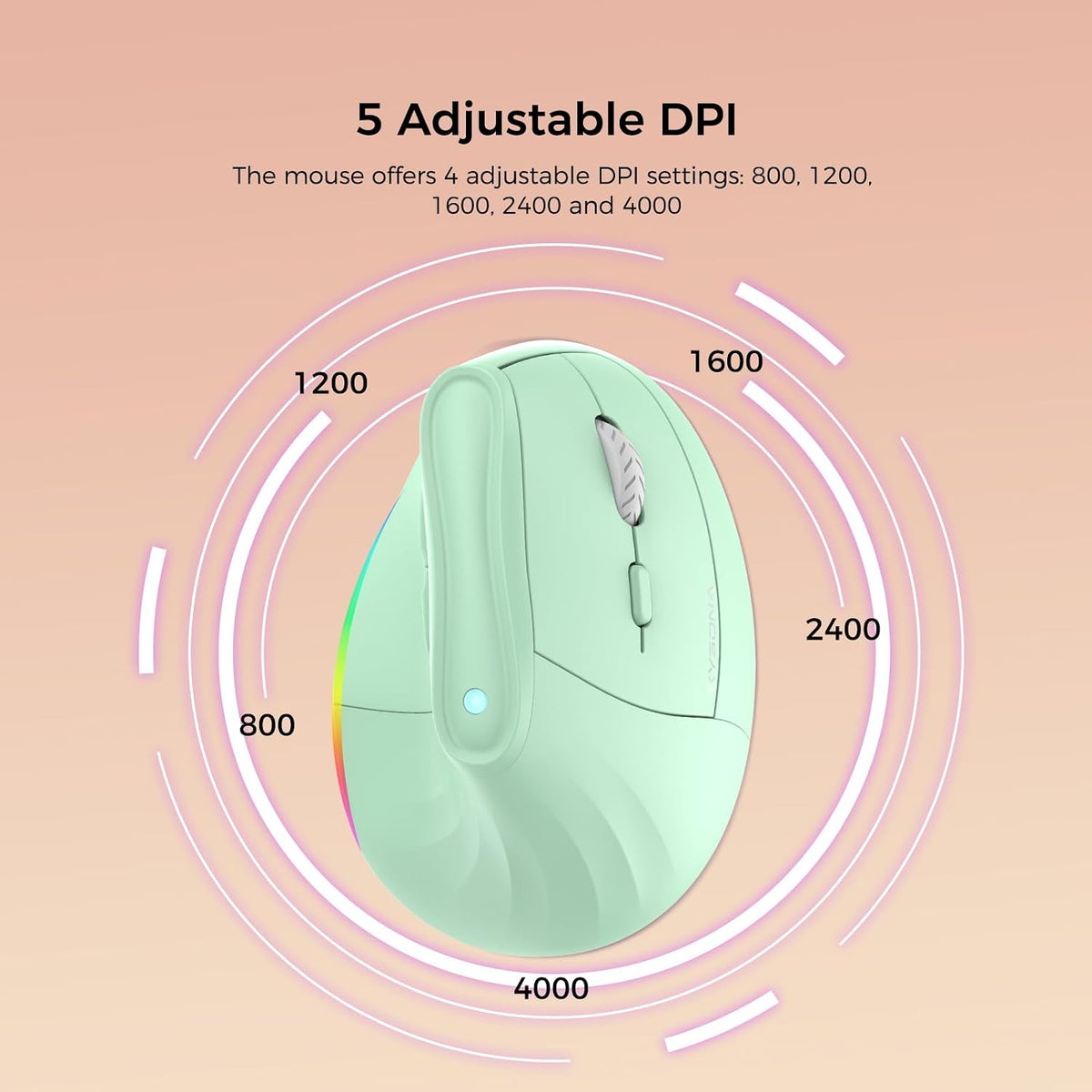 KYSONA 57° Wireless Ergonomic Mouse, Vertical Mouse, Carpal Tunnel Mouse, RGB Light, Rechargeable, Bluetooth & 2.4G, 5-Level DPI Adjustment, Quiet Click Ergo Mice Compatible with PC/Laptop/Mac, Green