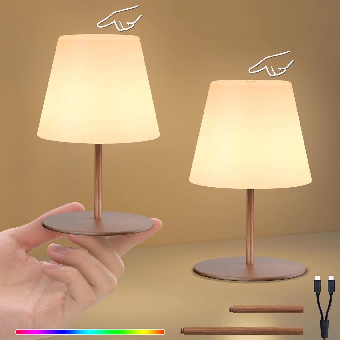 uuffoo 2 Pcs Mini Touch Shower Lamps Waterproof with 2-Step Warm White | Soft Light for Eye Care,Cordless Recharge lamp,RGB,IP44, Dual Plug USB Charging Cable, Color Temperature Memory (Wood Grain)