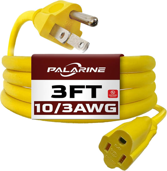 3 Ft Yellow Outdoor Extension Cord, 10 Gauge Heavy Duty Power Cord