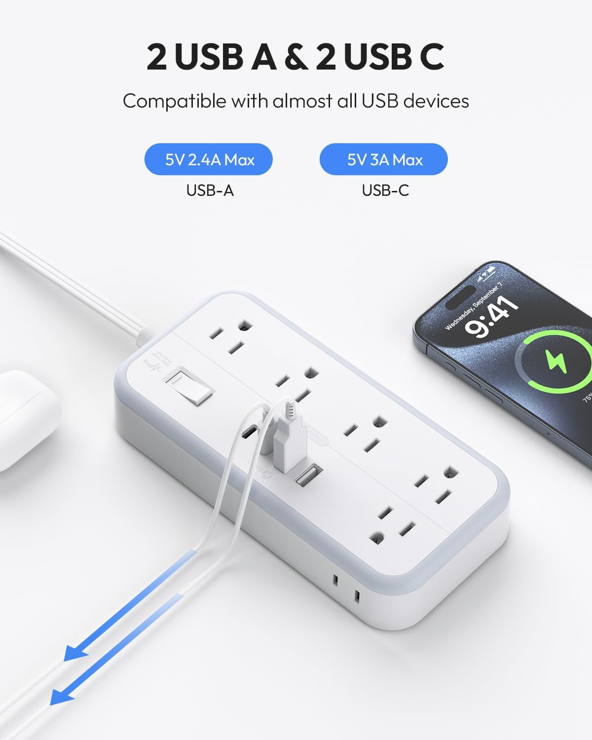 Flat Extension Cord 25 FT, NTONPOWER Long Power Strip, 10 Outlets 4 USB Ports (2 USB C), 3 Side 3 Prong & 2 Prong, Overload Protection, Flat Plug Wall Mount, White, SurgePro