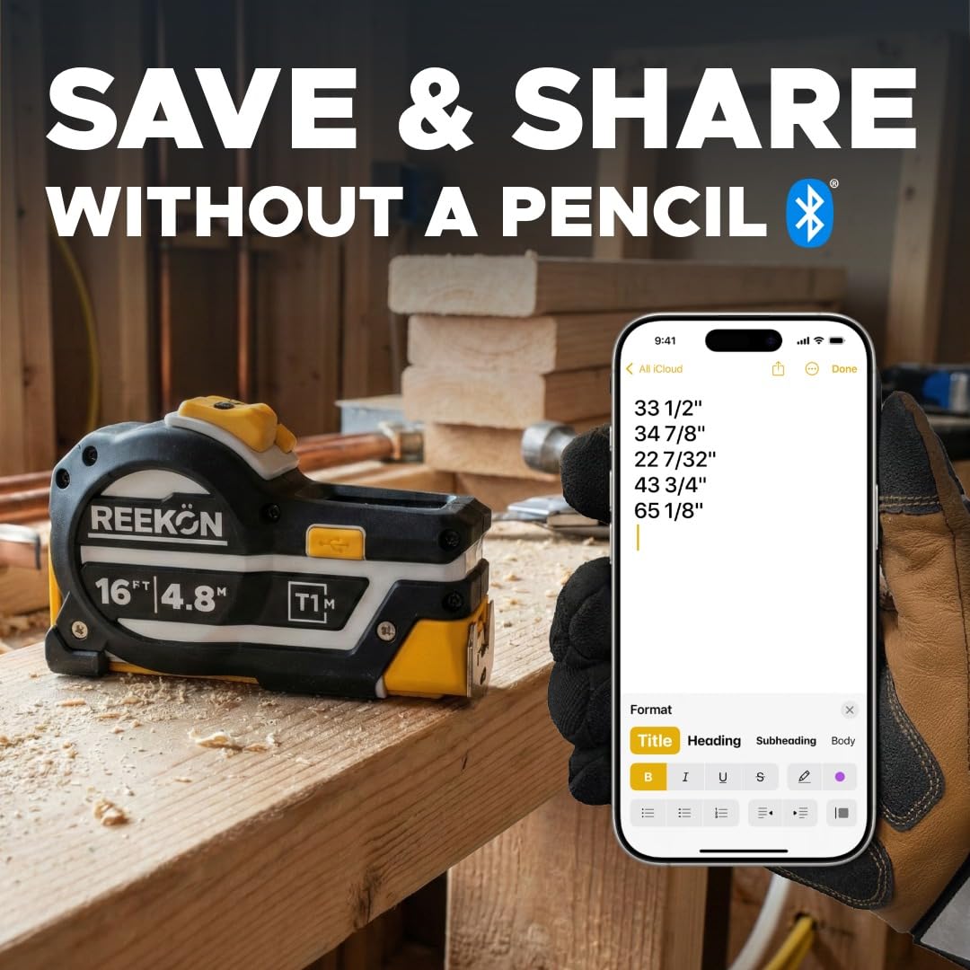 REEKON T1M Utility 25 ft Digital Tape Measure for the Job Site | 1/32” Accuracy, 1,000+ Measurement Memory with Bluetooth Sharing, LCD Display, Marking Square, 150+ Hour Battery