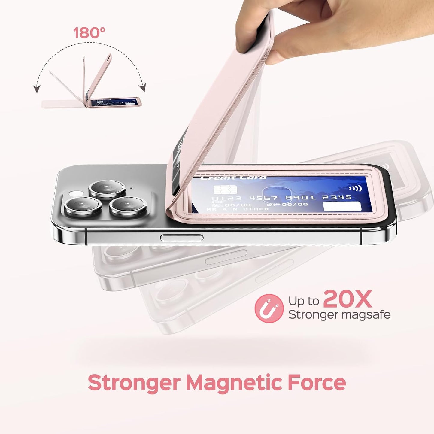 QYQBOON Mag-Safe Wallet for Women Strongest Magnetic Lightweight Phone Wallet Stand Adjustable Leather Card Holder for iPhone 17/16/15/14/13/12 Series, Not for iPhone 13/12 Mini (Pink)