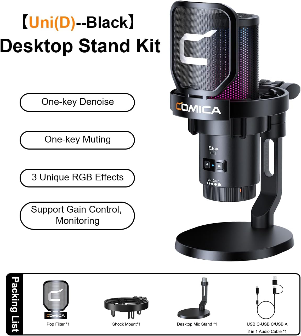 COMICA Ejoy Uni(D) USB Gaming Microphone with Noise Reduction, RGB Lights | 48kHz/24bit Sound Quality, Shock Mount, One-Key Mute, Streaming PC Mic for PS5, PS4, Podcast, Chat, Twitch, YouTube, Discord