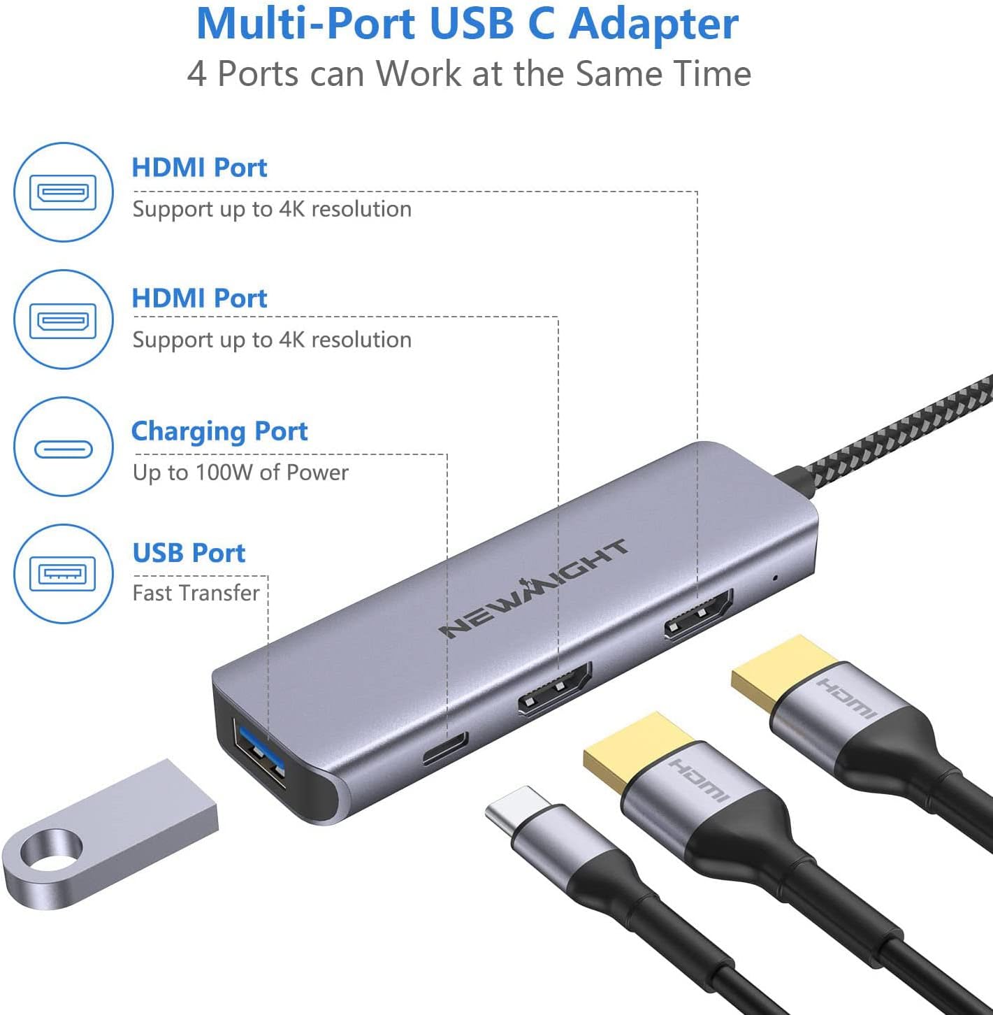 USB C Dual HDMI Adapter for 2 Monitors, Newmight 4-in-1 USB C to Dual Monitor HDMI Splitter, Supports Single 4K 60Hz and Dual 4K 30Hz, 100W PD, USB-A Port for MacBook, HP, Dell, iPhone 15/16 Series