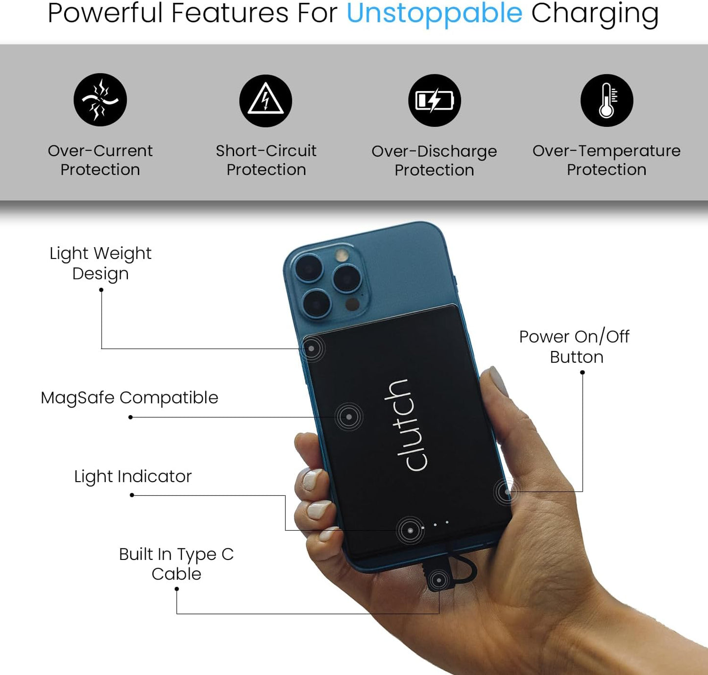 Clutch Pro – World's Thinnest Portable Charger – USB-C Power Bank 5000mAh – Magnetic Built-in Cable – TSA Approved Travel Charger – iPhone 15/16/17 & Android – Black