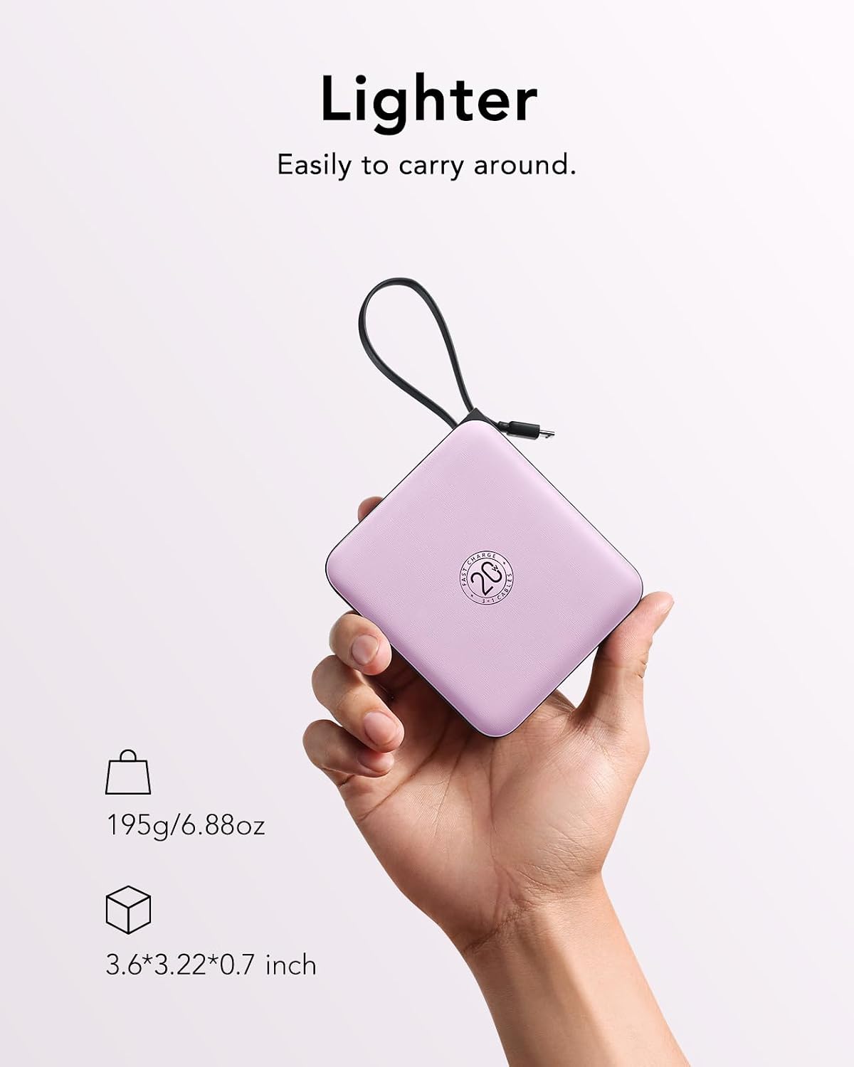 VRURC Portable Charger 10000mAh Battery Pack, Cell Phone Power Bank, Purple | Built-in Cables, 22.5W Fast Charging, Slim, Travel Essentials, Airline-Approved, for iPhone 17/16/15 Series, Samsung Android