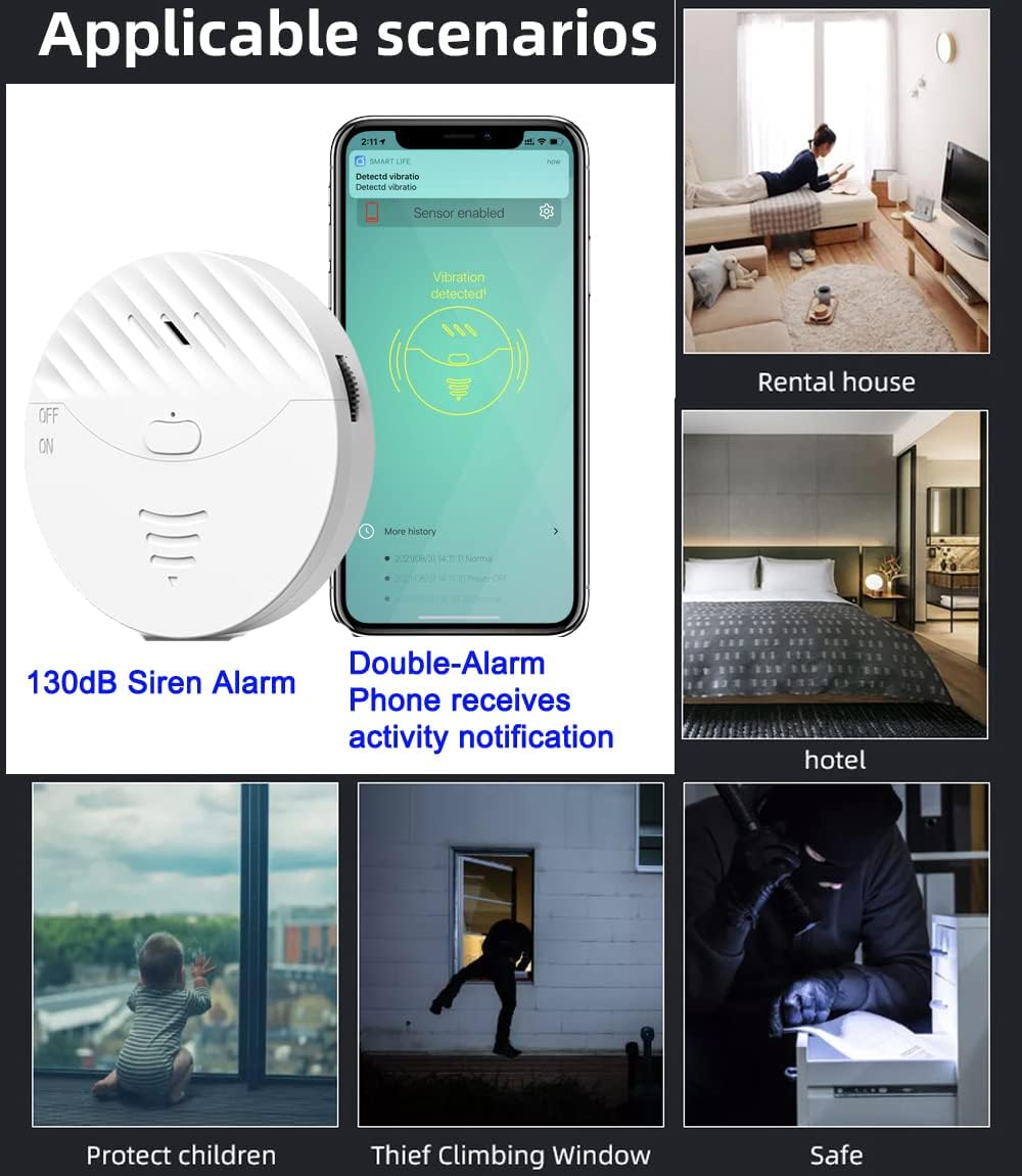 WiFi Window Alarm System, 4 Pack Glass Break Detection with Phone APP, 120dB Smart Alarms with Adjustable Vibration Sensor for Car,Home Security (4)