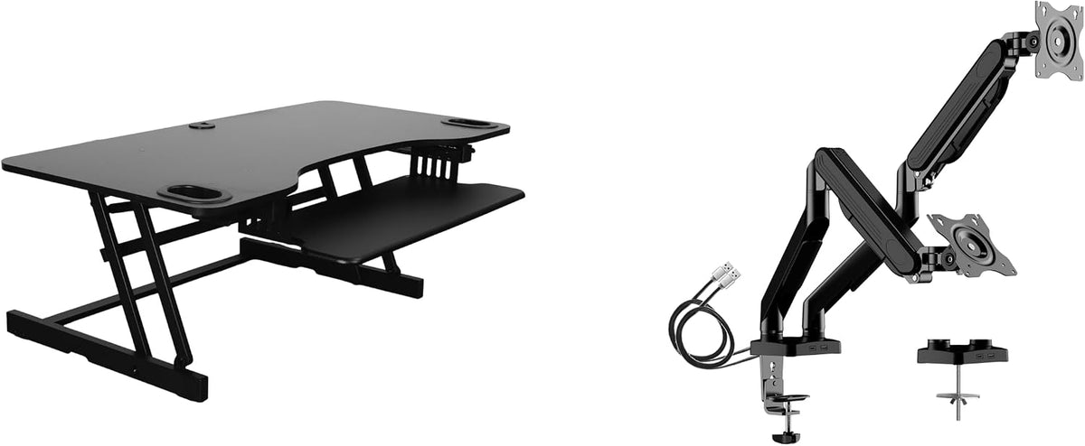Rocelco 37.5" Height Adjustable Standing Desk Converter with Anti Fatigue Mat Bundle - Slide Out Retractable Keyboard Tray - Sit Stand Dual Monitor Riser - Computer Workstation - Gray (R DADRG-MAFM)