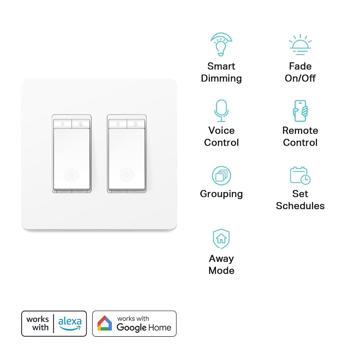 Kasa Smart Dimmer Switch 2-Gang HS220-2, Single Pole, Needs Neutral Wire, 2.4GHz Wi-Fi Light Switch Compatible with Alexa and Google Home, UL Certified, No Hub Required, White