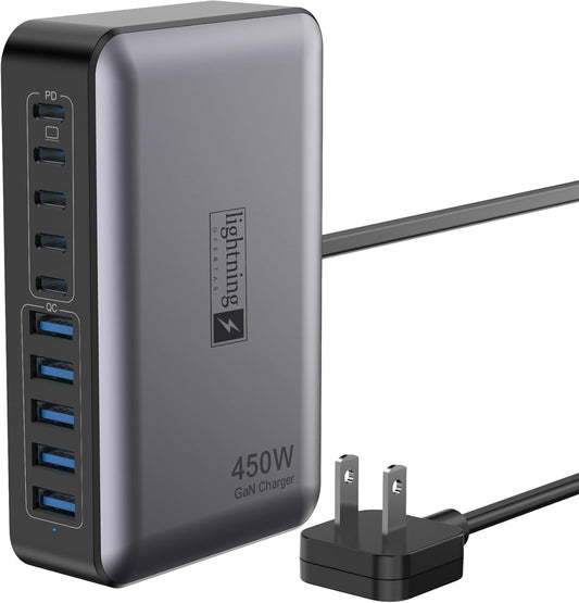 USB C Charger Block 10 Ports, 450W USB Charging Station for Multiple Devices, 5 Type C + 5 USB A GaN PD Charger Hub, Compact Power Brick Super Fast Charging for MacBook, Ipad, iPhone, Samsung