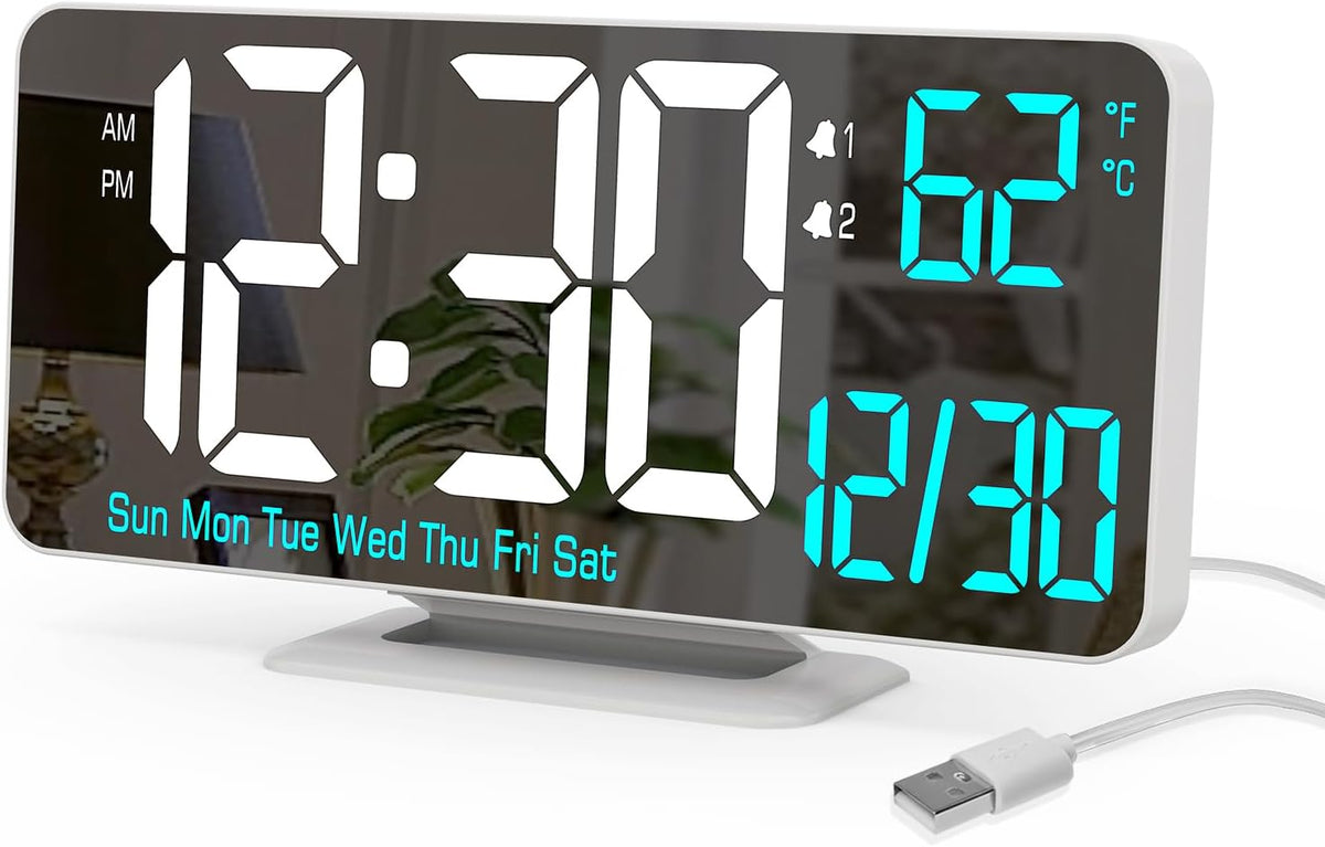 KOSUMOSU Alarm Clock for Bedroom, 6.7" Led Desk Digital Clock,Mirror Clock,Dual Alarm Clock for Living Room with Seconds,Date,Week,12/24h,Dimming,Temp