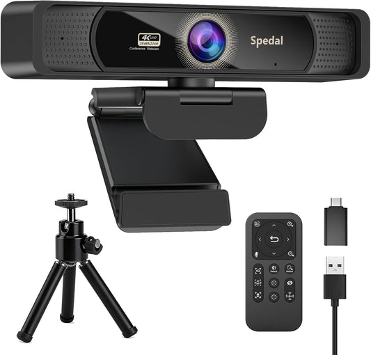 Spedal 4K Webcam with Tripod, Wide Angle 120° USB Webcam, Sony 1/2.8" Sensor, Dual Microphones, Remote Control, Auto Focus for Video Conferencing, Online Meetings, Streaming, Zoom & Teams