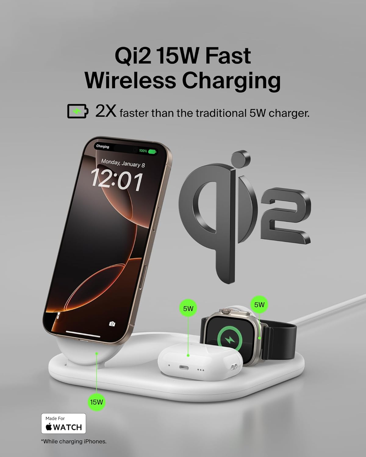 Belkin Qi2 Magnetic Wireless Charging Station, 3 in 1 Foldable Charger | MagSafe compatible, Apple Watch, AirPods, Qi2 certified, wireless charging station, travel stand