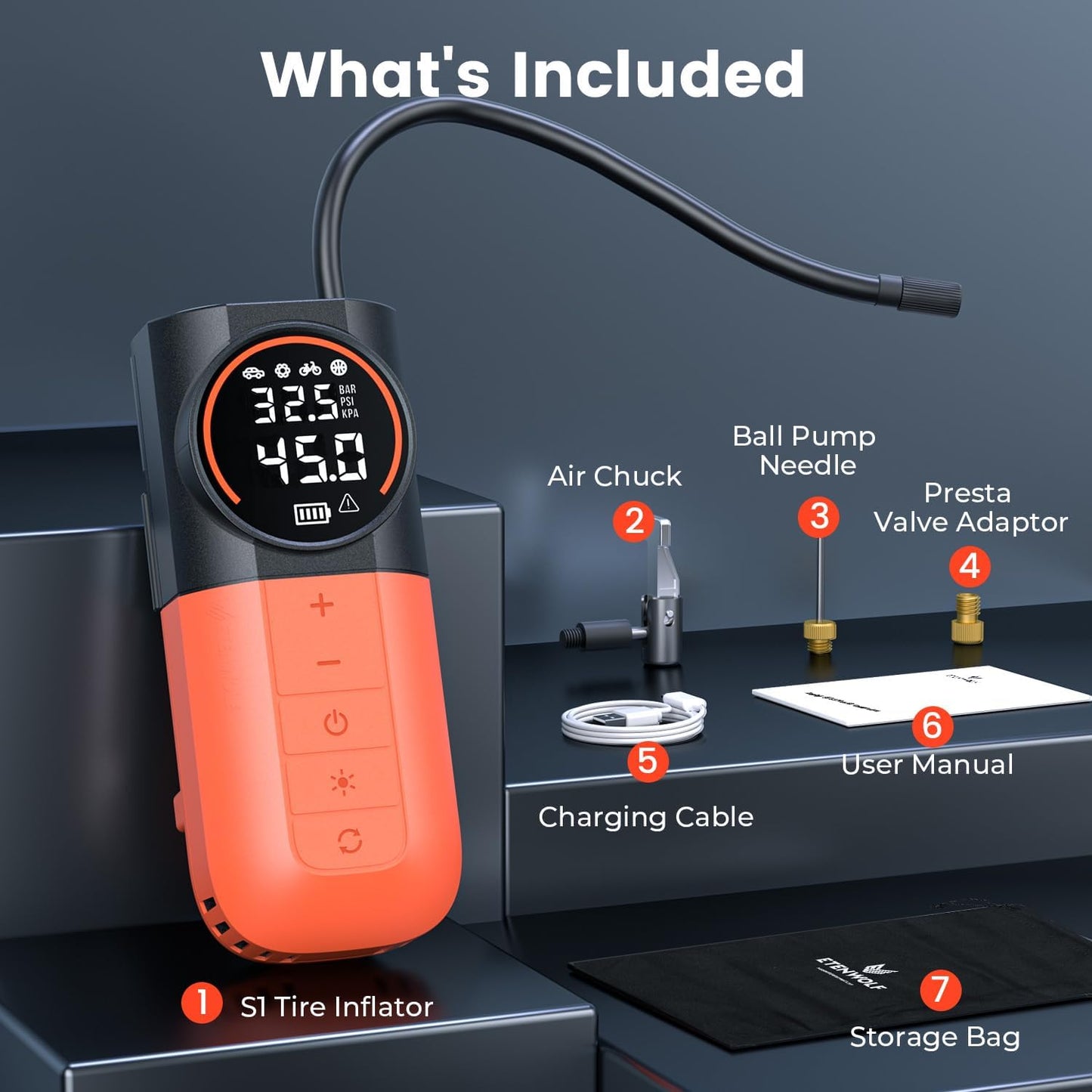 ETENWOLF S1 Tire Inflator Portable Air Compressor, 160PSI Cordless Air Pump | Fast Inflation,Tire Pump for Car Tires,Motorcycle,Balls-Bike Pump with LED Light-Auto-Shut Off-Digital Pressure Gauge, Orange