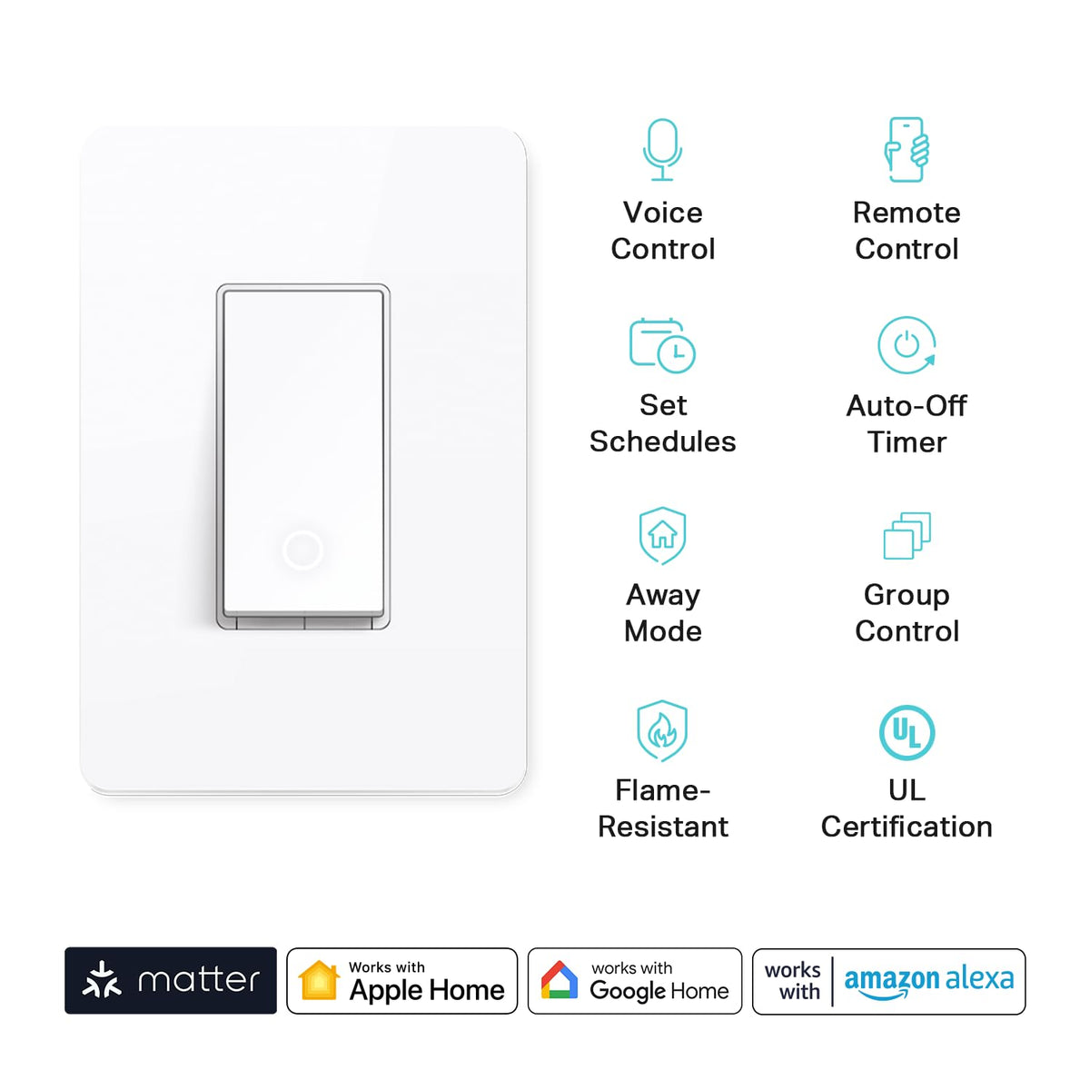 Kasa Matter Smart Light Switch: Voice Control w/Siri, Alexa & Google Assistant, UL Certified, Timer & Schedule, Easy Guided Install, Neutral Wire Required, Single Pole, 2.4GHz Wi-Fi, 3-Pack